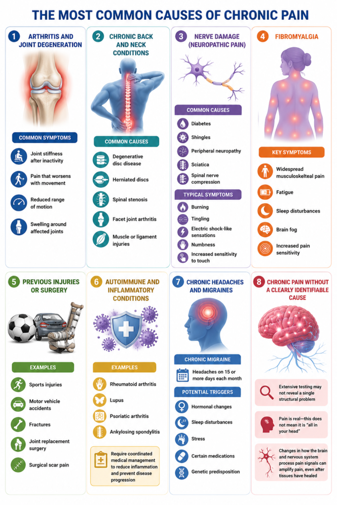 Infographic showing common causes of chronic pain, including arthritis, back and neck conditions, nerve damage, fibromyalgia, previous injuries, inflammatory conditions, migraines, and chronic pain without a clearly identifiable cause.