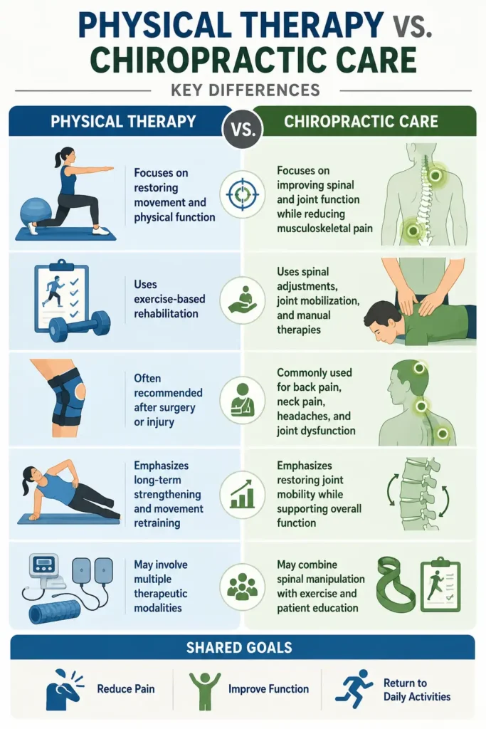 Infographic comparing physical therapy and chiropractic care, highlighting their key differences, treatment approaches, common conditions treated, and shared goals of reducing pain, improving function, and restoring mobility.