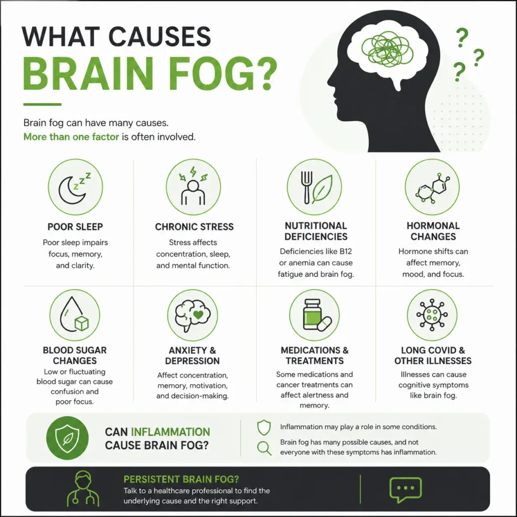 Infographic explaining common causes and triggers of brain fog, including poor sleep, chronic stress, nutritional deficiencies, hormonal changes, medications, and illness.